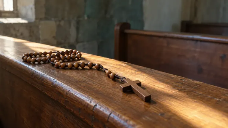 Dobra spowiedź: Drewniany różaniec na pustej ławce oświetlonej łagodnym światłem poranka