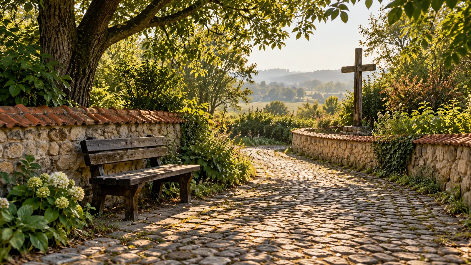 Mogielnica: Brukowana alejka z drewnianą ławką i krzyżem w porannym świetle