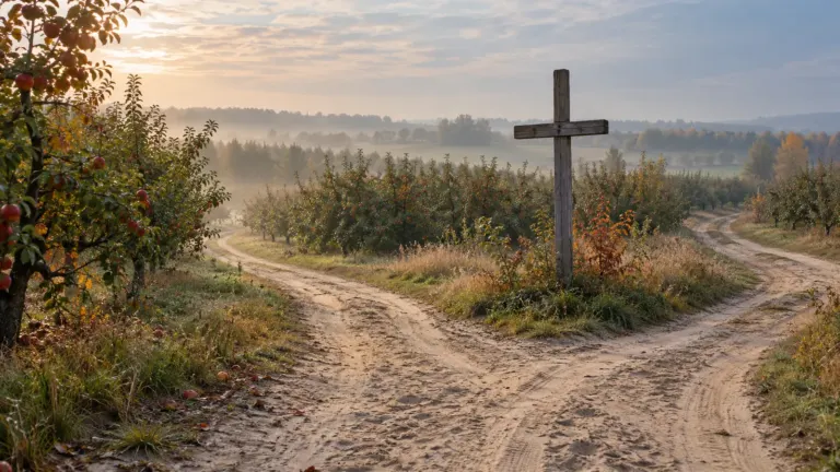 Parafia lipie gmina błędów: Drewniany krzyż przy rozwidleniu polnych dróg wśród sadów o poranku